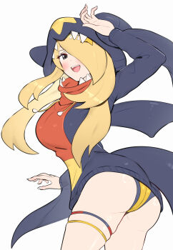 1girl absurdres ass blonde_hair blush breasts cosplay cynthia_(pokemon) fangs fins garchomp garchomp_(cosplay) gen_4_pokemon gonzarez grey_eyes hair_ornament hair_over_one_eye highres hood hood_up hoodie large_breasts long_hair looking_at_viewer nintendo one-piece_swimsuit open_mouth pokemon pokemon_dppt simple_background smile solo swimsuit teeth thigh_strap upper_teeth_only very_long_hair white_background