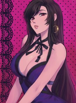 1girl black_hair black_ribbon breasts cleavage crescent crescent_earrings dress earrings final_fantasy final_fantasy_vii final_fantasy_vii_remake highres jewelry kivavis large_breasts long_hair looking_at_viewer neck_ribbon official_alternate_costume parted_lips polka_dot polka_dot_background purple_background purple_dress red_eyes ribbon solo tifa_lockhart tifa_lockhart_(refined_dress) upper_body very_long_hair