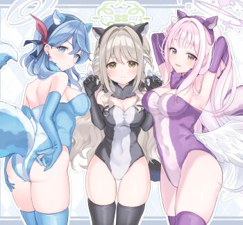 3girls absurdres adjusting_clothes ako_(blue_archive) alternate_costume angel_wings animal_ear_hairband animal_ears aqua_halo armpits arms_up black_gloves black_leotard blue_archive blue_gloves blue_hair blue_thighhighs blush braid breasts cleavage closed_mouth commentary_request commission cosplay curvy elbow_gloves fake_animal_ears fake_tail feathered_wings gloves green_halo grey_hair hair_between_eyes hair_ornament hairband halo highres large_breasts leotard long_hair looking_at_viewer low_wings medium_hair mika_(blue_archive) miyo_(blue_archive) multiple_girls open_mouth pink_hair pink_halo pixiv_commission plump purple_gloves purple_leotard purple_thighhighs smile strapless strapless_leotard tail thighhighs torimarururu very_long_hair white_hair white_wings wings yellow_eyes