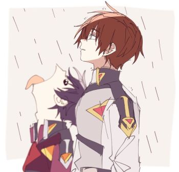 Rule 34 | 2boys, brown hair, compass uniform, er1ji6ou2004, goku and vegeta in the rain (meme), gundam, gundam seed, gundam seed destiny, gundam seed freedom, kira yamato, meme, military, military uniform, multiple boys, purple eyes, rain, sad, shinn asuka, short hair, tongue, tongue out, zaft uniform