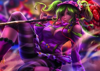 1girl absurdres bare_shoulders blurry blurry_background breasts candy depth_of_field detached_sleeves earrings feet_out_of_frame female_focus food fortnite green_eyes green_hair highres hood jewelry large_breasts lollipop looking_at_viewer medium_breasts open_mouth parted_lips pink_skirt rachta_lin short_hair short_twintails skirt smile solo solo_focus star_(symbol) star_earrings stocking tagme teeth twintails upper_teeth_only zoey_(fortnite)