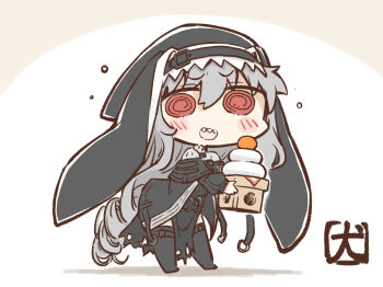 1girl akanotanin13 arknights black_dress chibi commentary_request dress food fruit grey_hair habit kagami_mochi long_hair long_sleeves looking_at_viewer mandarin_orange mochi nun open_mouth red_eyes sanbou sharp_teeth signature smile solo specter_(arknights) standing teeth