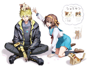 1boy 1girl :3 :d :o absurdres alban_knox animal animal_on_head animalization arm_pouch arm_up arrow_(symbol) asymmetrical_gloves bata000e belt black_coat black_footwear black_gloves black_pants black_socks blonde_hair blue_belt blue_eyes blue_hair blue_sailor_collar blue_skirt boots breasts brown_eyes brown_footwear bulletproof_vest calico_(pattern) calico_cat cat cat_(minecraft) cat_on_head closed_mouth coat collared_shirt commentary_request fingerless_gloves gloves gradient_hair green_eyes grey_eyes grey_shirt hair_between_eyes hair_ribbon hairband heterochromia high-waist_skirt highres kita_high_school_uniform kneeling lace-up_boots loafers long_sleeves medium_breasts medium_hair minecraft mismatched_gloves mole mole_on_neck multicolored_hair neck_ribbon nijisanji nijisanji_en on_head open_clothes open_coat open_mouth open_shirt orange_hairband orange_ribbon pants petals pleated_skirt pouch puffing_up red_ribbon ribbon sailor_collar school_uniform shadow shamisen_(suzumiya_haruhi) shirt shoes short_hair sidelocks simple_background single_fingerless_glove sitting skirt smile socks sonny_brisko sonny_brisko_(1st_costume) suzumiya_haruhi suzumiya_haruhi_no_yuuutsu teeth translation_request upper_teeth_only v-shaped_eyebrows virtual_youtuber vsf_logo white_background white_hair white_shirt yellow_gloves yellow_shirt zipper