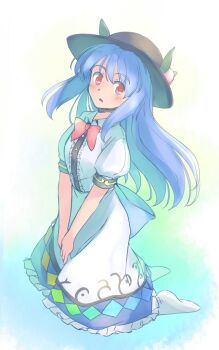 1girl apron black_hat blue_hair blue_skirt blush bow bowtie collared_shirt commentary_request frilled_skirt frills hat hinanawi_tenshi kneeling long_hair parted_lips peach_hat_ornament puffy_short_sleeves puffy_sleeves rainbow_order rangycrow red_bow red_bowtie red_eyes shirt short_sleeves sideways_glance skirt socks solo touhou white_apron white_shirt white_socks