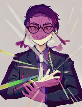 1boy anger_vein black-framed_eyewear black_jacket collared_shirt commentary_request corbeau_(pokemon) cropped_torso glasses grey_background grin highres jacket long_sleeves male_focus necktie nintendo open_clothes open_jacket pokemon pokemon_legends:_z-a purple_shirt round_eyewear shirt short_hair signature smile solo teeth upper_body yellow_eyes yuu_(irast0209)
