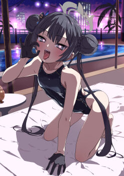 1girl all_fours black_gloves black_hair black_one-piece_swimsuit blue_archive braid braided_bun butterfly_hair_ornament cityscape double_bun fellatio_gesture gloves grey_eyes hair_bun hair_ornament heart heart-shaped_pupils highres kisaki_(blue_archive) looking_at_viewer null_mayu one-piece_swimsuit open_mouth petite pool saliva solo swimsuit symbol-shaped_pupils tongue tongue_out twintails