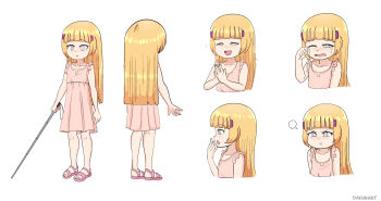 1girl angry blind blonde_hair blush borrowed_character cane collarbone commission crying dakunart dress from_behind from_side hair_ornament hairclip hand_to_own_mouth holding holding_cane lily_(sweetmetalgirl) long_hair multiple_views one_eye_closed open_mouth original own_hands_together pink_dress pink_sandals pout puff_of_air reference_sheet sandals sleeveless sleeveless_dress smile standing tears teeth upper_body white_background white_eyes