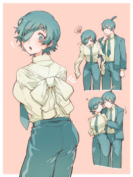 Rule 34 | 1boy, 1girl, ?, absurdres, no arms, black hair, black jacket, black necktie, black pants, chainsaw man, collared shirt, emphasis lines, eyepatch, hayakawa aki, highres, himeno (chainsaw man), jacket, necktie, no arms, open mouth, pants, pink background, shirt, shirt tucked in, short hair, simple background, topknot, white shirt, yagi ramune