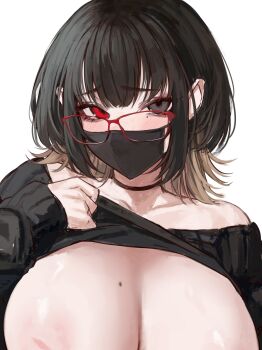 1girl absurdres artist_self-insert black_choker black_hair black_mask black_shirt blush breasts brown_hair choker cleavage clothes_lift collarbone colored_inner_hair glasses grey_eyes heterochromia highres large_breasts lifting_own_clothes long_sleeves looking_at_viewer mask mole mole_on_breast mole_under_eye mouth_mask multicolored_hair naokomama original red-framed_eyewear red_eyes shirt shirt_lift simple_background single_bare_shoulder single_off_shoulder solo upper_body white_background