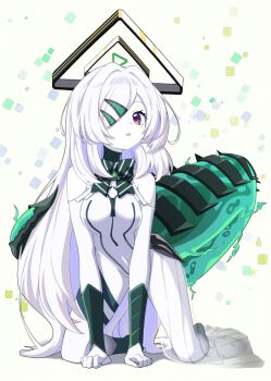 1girl all_fours amnedia_(monster_strike) bow breasts chestnut_mouth commentary_request diagonal-striped_bow full_body green_background green_bow hair_ornament hair_over_one_eye hairclip halo highres leotard long_hair looking_at_viewer medium_breasts monster_strike nenosame parted_lips purple_eyes see-through_clothes solo striped_bow tail very_long_hair white_hair white_leotard