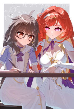 2girls absurdres ahoge brown_eyes brown_hair eight_(eight3rd1) glasses hair_intakes highres honkai_(series) honkai_impact_3rd leylah_(honkai_impact) math multiple_girls pink_eyes red_hair senadina senadina_(cocoon_of_unwoven) sitting sweatdrop table
