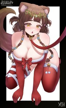 1girl absurdres animal_ear_fluff animal_ears bare_shoulders bdsm bikini body_freckles braid breast_freckles breasts brown_eyes brown_hair christmas christmas_stocking circlet cleavage collar elbow_gloves freckles fur-trimmed_thighhighs fur_trim gloves hair_ornament heart heart_in_eye highres indie_virtual_youtuber kneeling large_breasts leash looking_at_viewer open_mouth otter_ears otter_girl otter_tail poofievt red_gloves red_ribbon red_thighhighs ribbon santa_bikini santa_costume shell shell_hair_ornament shoulder_freckles simple_background sitting slave solo symbol_in_eye tail thick_eyebrows thighhighs twin_braids virtual_youtuber wariza whiskers yukaa_(vtuber)