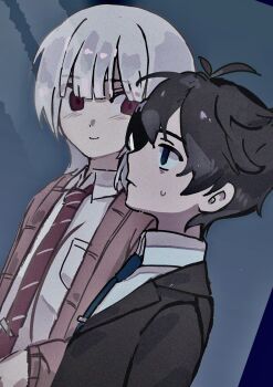 Rule 34 | 2boys, akinashi haru, black hair, black jacket, blush, brown cardigan, cardigan, collared shirt, commentary request, dutch angle, highres, jacket, korean commentary, lapels, looking at another, male focus, multiple boys, necktie, oo52 qlsn, profile, red necktie, saihate eki, shirt, short hair, smile, suit jacket, sweat, tatsunami shion, unusually dark pupils, upper body, white hair, white shirt