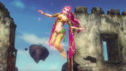 10s 1boy 1girl 3d alternate_costume animated armor audible_music barefoot blonde_hair blue_eyes boots breasts brown_footwear brown_gloves cleavage colored_eyelashes come_hither eye_contact eyelashes eyeshadow fairy fairy_fountain fingernails floating fountain gauntlets giant giantess giggling gloves great_fairy_(zelda) green_headwear green_tunic hat headwear_request hyrule_warriors interior ivy large_breasts laughing leaf link lipstick long_fingernails long_hair looking_at_another looking_at_viewer magic makeup mole mole_under_mouth nail_polish navel nintendo outdoors pants pink_hair plant pointy_ears purple_eyes purple_eyeshadow red_lips sheath shirt short_hair size_difference sound teasing tecmo the_legend_of_zelda the_legend_of_zelda:_ocarina_of_time toenail_polish toenails tri_tails tunic undershirt very_long_hair victory_pose video vines water white_pants white_shirt