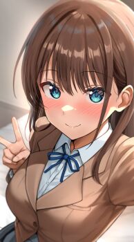 1girl black_skirt blazer blue_eyes blue_ribbon blush breasts brown_hair brown_jacket commentary_request dress_shirt highres jacket long_hair looking_at_viewer medium_breasts neck_ribbon original ribbon school_uniform selfie shiitake_taishi shirt skirt smile solo upper_body v white_shirt