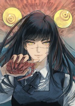 1girl absurdres arano_nknk black_bow black_bowtie black_dress black_hair bow bowtie chainsaw_man closed_mouth collared_shirt commentary_request dress explosive eyeball facial_scar grenade hand_up highres holding holding_grenade long_hair long_sleeves looking_at_viewer ringed_eyes scar scar_on_cheek scar_on_face shirt smile solo straight-on upper_body white_shirt yellow_eyes yoru_(chainsaw_man)