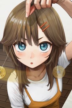 1girl arm_up blue_eyes blush brown_hair coin coin_on_string collarbone commentary_request copyright_request hair_ornament hairclip highres holding holding_pendulum holding_string holed_coin indoors looking_at_viewer medium_hair open_mouth parallel_hairclips pendulum potato_iida pov shirt short_sleeves solo string white_shirt wooden_floor