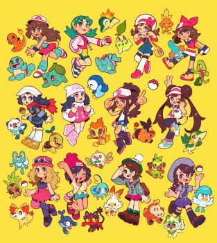 Rule 34 | 6+girls, akari (pokemon), aqua hair, black hair, blonde hair, blue hair, brown hair, bucket hat, bulbasaur, charmander, chespin, chikorita, chimchar, cyndaquil, dawn (pokemon), fennekin, froakie, fuecoco, gen 1 pokemon, gen 2 pokemon, gen 3 pokemon, gen 4 pokemon, gen 5 pokemon, gen 6 pokemon, gen 7 pokemon, gen 8 pokemon, gloria (pokemon), grookey, hat, highres, hilda (pokemon), juliana (pokemon), kris (pokemon), leaf (pokemon), litten, lyra (pokemon), mudkip, multiple girls, nintendo, oshawott, piplup, poke ball, pokemon, pokemon bw, pokemon bw2, pokemon dppt, pokemon frlg, pokemon gsc, pokemon hgss, pokemon legends: arceus, pokemon rse, pokemon sm, pokemon sv, pokemon swsh, pokemon xy, popplio, quaxly, rosa (pokemon), rowlet, school uniform, scorbunny, selene (pokemon), serena (pokemon), snivy, sobble, sprigatito, squirtle, tepig, tonestarr, torchic, totodile, treecko, turtwig, yellow background