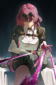 1girl absurdres black_background black_boots black_jacket boots breasts chest_harness crossed_legs eyewear_on_head gin_s glasses gloves harness highres honkai:_star_rail honkai_(series) jacket kafka_(honkai:_star_rail) large_breasts looking_at_viewer pantyhose pince-nez purple_eyes purple_gloves purple_hair purple_pantyhose reaching reaching_towards_viewer round_eyewear shirt single_thigh_boot sitting smile solo spider_web_print thigh_boots thread white_shirt