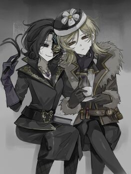 2girls artist_request ascot belt black_eyes black_gloves black_hair black_pantyhose black_skirt blonde_hair brown_jacket closed_mouth coat commission crossed_legs cup eyepatch flower flower_over_eye fur_trim gloves hand_on_another&#039;s_chin hat holding holding_cup holding_whip identity_v jacket jewelry long_sleeves margaretha_zelle margaretha_zelle_(vile_blossom) medium_hair multiple_girls necklace open_clothes open_coat pantyhose second-party_source shirt sitting skirt smile teacup vera_nair vera_nair_(sands_of_time) white_shirt