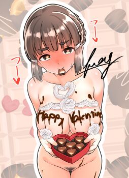 Rule 34 | 1girl, absurdres, black hair, blush, box, box of chocolates, braid, braided bun, breasts, brown eyes, chocolate, chocolate on body, commentary request, cream on body, food in mouth, food on body, furaggu (frag 0416), hair bun, hair ornament, hairclip, heart, heart-shaped pupils, highres, kantai collection, long hair, looking at viewer, myoukou (kancolle), nude, nyotaimori, pubic hair, single hair bun, smile, solo, symbol-shaped pupils, valentine