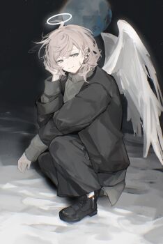 Rule 34 | 1boy, angel wings, black jacket, black shoes, brown hair, closed mouth, commentary request, full body, full moon, glowing, glowing halo, grey eyes, grey shirt, hair between eyes, halo, head rest, highres, jacket, kanae (8th costume) (nijisanji), kanae (nijisanji), long hair, long sleeves, looking at viewer, mole, mole under eye, moon, nijisanji, open clothes, open jacket, shirt, shoes, sky, smile, solo, toripii (tori pippi 07), turtleneck, virtual youtuber, white halo, white wings, wings