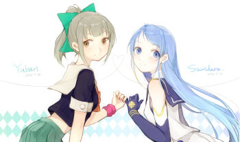2girls blue_eyes blue_hair blush bow brown_eyes character_name closed_mouth commentary_request dated elbow_gloves from_side gloves gradient_hair green_bow green_skirt grey_hair hair_bow kantai_collection long_hair looking_at_viewer multicolored_hair multiple_girls myuu_(hellomagic) pinky_swear pleated_skirt ponytail sailor_collar samidare_(kancolle) school_uniform serafuku short_sleeves simple_background skirt sleeveless smile very_long_hair white_skirt wristband yuubari_(kancolle)