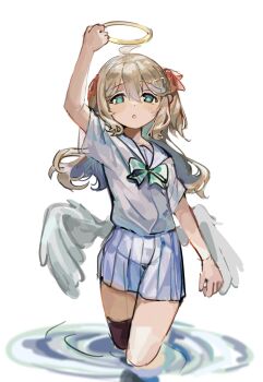 Rule 34 | 1girl, ame0, arm up, black thighhighs, blue eyes, blue sailor collar, blue skirt, bow, bowtie, brown hair, cowboy shot, dress shirt, green bow, green bowtie, hair between eyes, hair ribbon, halo, hashtag-only commentary, highres, long hair, low wings, neuro-sama, open mouth, pleated skirt, red ribbon, ribbon, sailor collar, shirt, shirt tucked in, short sleeves, simple background, single thighhigh, skirt, solo, standing, thighhighs, two side up, vedal ai, virtual youtuber, wading, white background, white shirt, white wings, wings, yellow halo