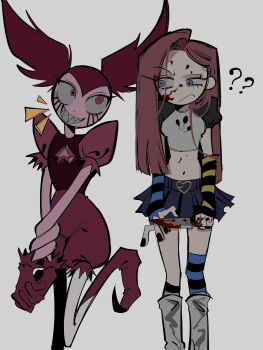 2girls :d ? ?? arm_warmers arms_at_sides asymmetrical_legwear bare_arms black_arm_warmers black_sleeves blood blood_on_face blood_on_hands bloody_knife blue_arm_warmers blue_eyes blue_skirt boots breasts closed_mouth color_connection colored_skin commentary crossover curtained_hair english_commentary eye_contact feet_out_of_frame foot_out_of_frame frown gloves grey_background grey_boots grey_shirt grin hair_color_connection heart highres holding holding_knife interlocked_fingers knee_boots knife kot_(kotkokta077621) long_hair looking_at_another midriff miniskirt mismatched_arm_warmers multiple_girls my_little_pony my_little_pony:_friendship_is_magic navel notice_lines open_mouth own_hands_clasped own_hands_together pantyhose pink_boots pink_eyes pink_gloves pink_hair pink_shorts pink_skin pinkamena_diane_pie pinkie_pie pleated_skirt puffy_short_sleeves puffy_shorts puffy_sleeves raglan_sleeves raised_eyebrow sharp_teeth shirt short_sleeves shorts simple_background skirt small_breasts smile spinel_(pokemon) standing standing_on_one_leg steven_universe straight_hair striped_arm_warmers teeth trait_connection twintails uneven_eyes v_arms white_pantyhose yellow_arm_warmers