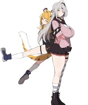 2girls absurdres alternate_costume animal_ears back-to-back black_boots blonde_hair blue_shoes boots breasts closed_mouth cosplay green_eyes grey_hair highres ju_fufu large_breasts long_hair looking_at_viewer multicolored_hair multiple_girls shoes simple_background single_thighhigh smile socks standing striped_clothes striped_thighhighs tail thighhighs tiger_ears tiger_girl tiger_stripes tiger_tail two-tone_hair ukinami_yuzuha ukinami_yuzuha_(cosplay) white_background white_hair white_socks xipa yellow_eyes yixuan_(zenless_zone_zero) zenless_zone_zero