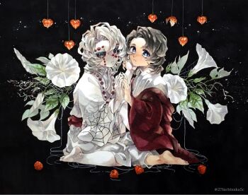 2boys barefoot bishounen black_background black_hair black_nails blue_eyes bright_pupils closed_mouth colored_sclera commentary_request curtained_hair demon_boy dual_persona facial_mark flipped_hair flower flower_request from_side fruit_request full_body grey_eyes hair_between_eyes hand_on_another's_cheek hand_on_another's_face hands_up highres holding_hands interlocked_fingers inward_flipped_hair japanese_clothes kimetsu_no_yaiba kimono kneeling looking_at_viewer male_focus marker_(medium) medium_hair multiple_boys pale_skin parted_lips print_kimono red_kimono red_sash red_sclera ruchi_(nxje5533) rui_(kimetsu_no_yaiba) sash spider_web_print string symbol-shaped_pupils symmetrical_pose traditional_media twitter_username white_flower white_hair white_kimono white_pupils