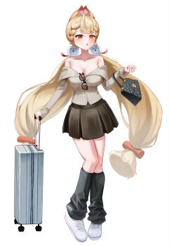 1girl absurdres alice_thymefield alternate_costume animal_ears bag black_bag black_leg_warmers blonde_hair blush breasts brown_skirt cleavage gang_ryeol grey_shirt hair_ornament handbag highres holding holding_suitcase large_breasts leg_warmers long_hair looking_at_viewer low_twintails open_mouth rabbit_ears rabbit_girl red_eyes shirt shoes skirt solo sphere_hair_ornament suitcase twintails very_long_hair white_background white_shoes yellow_eyes zenless_zone_zero
