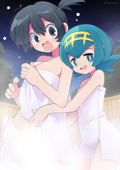 2girls asymmetrical_hair bare_arms black_eyes black_hair blue_eyes blue_hair blush breasts bright_pupils cleavage fence freckles hair_between_eyes hairband highres lana_(pokemon) large_breasts looking_at_viewer misty_(pokemon) multiple_girls naked_towel night nintendo no_sclera one_side_up onsen open_mouth outdoors pokemon pokemon:_the_electric_tale_of_pikachu pokemon_sun_and_moon ponytail portrait raised_eyebrows rascal_(feuille) short_hair side_ponytail sky smile steam tongue towel trial_captain white_pupils yellow_hairband yuri