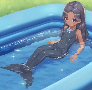 1girl black_hair black_one-piece_swimsuit blue_eyes breasts cameltoe commentary_request commission covered_erect_nipples dark-skinned_female dark_skin highres loli long_hair looking_at_viewer makigai mermaid_costume one-piece_swimsuit open_mouth original partially_submerged skeb_commission small_breasts solo swimsuit wading_pool water