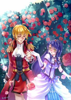 2boys akane_(xichris) blonde_hair blue_hair breasts brooch closed_eyes crossdressing crossdressing_(mtf) dark_blue_hair dress eiyuu_densetsu elbow_gloves epaulettes falcom flower frilled_sleeves frills gloves high_collar holding_hands jacket jewelry joshua_bright long_hair multiple_boys olivert_reise_arnor open_mouth outdoors pants ponytail red_flower red_jacket red_rose rose rose_bush smile sora_no_kiseki sparkle sunlight tailcoat tiara yaoi