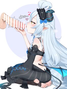 1boy 1girl absurdres akugaki_koa bar_censor black_dress black_sleeves black_socks black_tail blue_horns blue_wings censored chromashift commission demon_girl demon_horns demon_tail demon_wings detached_sleeves disembodied_penis dress fellatio goki_buri grey_hair heart hetero highres horns kissing_penis loli long_hair long_sleeves oral paid_reward_available penis pixiv_commission pointy_ears revision sitting socks soles stirrup_legwear striped_horns tail testicles toeless_legwear toes twitching_penis very_long_hair virtual_youtuber wariza wings yellow_eyes