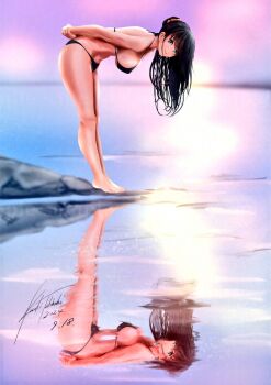 1girl arms_behind_back beach bikini black_bikini black_hair blue_eyes breasts dated gridman_universe kazuki_(aquariumseen) large_breasts leaning_forward long_hair ocean orange_scrunchie outdoors pink_background ponytail reflection reflective_liquid scrunchie sideboob signature smile solo ssss.gridman standing sunset swimsuit takarada_rikka