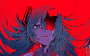 1girl absurdres aqua_eyes aqua_hair bare_shoulders close-up collared_shirt commentary cracked_skin crumbling floating_hair frilled_shirt frills grey_shirt hair_between_eyes hair_ornament hatsune_miku highres hole_in_head long_hair looking_at_viewer marshmallow_(vocaloid) official_art omutatsu one-eyed parted_lips portrait red_background red_pupils shirt sidelocks simple_background solo tears teeth upper_teeth_only vocaloid