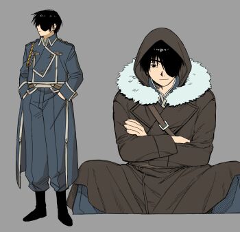 Rule 34 | 1boy, black hair, blue jacket, blue pants, collared jacket, eyepatch, fullmetal alchemist, highres, jacket, ls182 520, male focus, military, military jacket, military uniform, pants, roy mustang, silver trim, solo