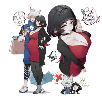 1girl animal_ears big_belly black_hair breasts cleavage commentary dress english_commentary female_pervert green_eyes highres jane_doe_(zenless_zone_zero) large_breasts long_hair mouse_ears mouse_girl mouse_tail multicolored_hair nyantcha pervert pregnant red_dress red_hair seth_lowell tail zenless_zone_zero