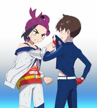 2boys bag bags_under_eyes black_hair blue_jacket blue_pants brown_hair clenched_hand clenched_teeth clothes_grab commentary_request florian_(pokemon) gloves gradient_background highres injury jacket jacket_grab kieran_(pokemon) long_sleeves male_focus multicolored_hair multiple_boys nintendo pants partially_fingerless_gloves pokemon pokemon_sv purple_hair red_gloves red_tank_top single_glove tank_top teeth tli_eilt_pk white_jacket yellow_bag