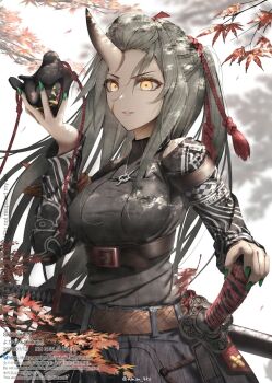 1girl arknights artist_name black_shirt bluesky_username breasts commentary_request dated facial_scar green_hair green_nails holding holding_mask hoshiguma_(arknights) hoshiguma_(ronin_huntress)_(arknights) jewelry katana large_breasts long_sleeves looking_at_viewer mask mouth_mask necklace oni scar scar_on_cheek scar_on_face sheath sheathed shirt solo sword twitter_username unworn_mask weapon yellow_eyes yokaze_(yokajie)