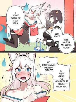 2girls ? absurdres animal_ear_fluff animal_ears bare_shoulders bell black_dress black_hair black_pantyhose blue_eyes blush breasts bright_pupils commentary cow_ears cow_girl cow_horns double-parted_bangs dress embarrassed english_commentary english_text eye_contact floating fox_ears fox_girl hair_bell hair_ornament highres hitodama holding horns japanese_clothes kimono large_breasts long_hair long_sleeves looking_at_another mirui09 multiple_girls open_mouth original pantyhose pointing pointing_at_another red_eyes red_kimono short_hair speech_bubble sweatdrop talking white_hair white_pupils wide_sleeves