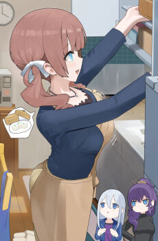 3girls :d apron arm_at_side asahina_mafuyu black_shirt blue_eyes blue_jacket blue_shirt blunt_bangs blush bouncing_breasts bow breast_conscious breasts brown_apron brown_hair chair chibi chibi_inset clock closed_mouth commentary_request cowboy_shot hair_between_eyes hair_bow hair_ornament hair_over_shoulder hair_scrunchie hand_on_own_hip hands_up high_ponytail highres indoors jacket jewelry jitome kitchen large_breasts layered_shirt long_hair long_sidelocks long_sleeves looking_at_breasts looking_up microwave mochizuki_honami motion_lines multiple_girls necklace open_clothes open_jacket open_mouth orange_scrunchie ponytail project_sekai purple_hair purple_shirt scrunchie shirt side_ponytail sidelocks slippers smile spoken_food standing sweatdrop track_jacket turtleneck turtleneck_shirt usagi_melon3 white_bow white_hair wooden_floor yoisaki_kanade