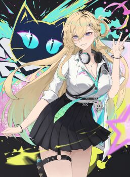 1girl absurdres aqua_necktie black_skirt blonde_hair blue_eyes braid braided_bangs breasts cleavage colorful_background commentary cowboy_shot earrings hair_between_eyes hair_ornament hand_up headphones headphones_around_neck highres id_card jewelry kai_(zzdv7453) long_hair looking_at_viewer lynae_(wuthering_waves) medium_breasts necklace necktie shirt shirt_tucked_in skirt skull_hair_ornament smile solo star_(symbol) star_earrings w white_shirt wuthering_waves