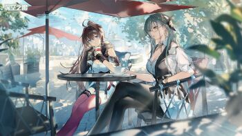 2girls aether_gazer asymmetrical_gloves black_gloves black_pantyhose black_skirt blue_eyes breasts brown_hair chair chinese_commentary cleavage closed_mouth collar commentary_request crossed_legs cup disposable_cup drinking_straw earrings elbow_gloves elbow_rest feet_out_of_frame fingerless_gloves fountain fur-trimmed_jacket fur_trim glasses gloves grey_hair hair_between_eyes hair_ornament hairband highres holding holding_cup jacket jewelry large_breasts long_hair looking_ahead looking_at_another multiple_girls official_art official_wallpaper on_chair outdoors pantyhose parted_lips pouch red_thighhighs shirt single_elbow_glove single_glove sitting skirt table teacup thigh_pouch thighhighs thoth_(aether_gazer) verthandi_(aether_gazer) white_collar white_jacket white_shirt white_skirt yellow_eyes