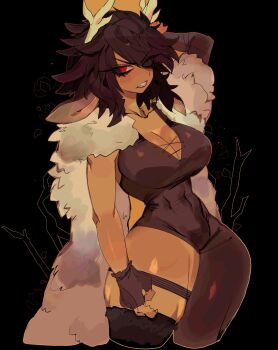 Rule 34 | 1girl, antlers, arm behind head, asymmetrical clothes, bodysuit, breasts, brown bodysuit, brown gloves, brown hair, cape, cleavage, clenched teeth, commentary, commission, cropped legs, english commentary, fingerless gloves, fur cape, gloves, hair over one eye, highres, horns, large breasts, looking at viewer, medium hair, original, parted bangs, red eyes, simple background, single pantsleg, solo, teeth, usa37107692