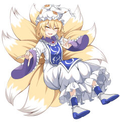 Rule 34 | 1girl, :d, animal hat, blonde hair, blue socks, blue tabard, breasts, commentary request, dot nose, double-parted bangs, dress, e.o., fang, fox shadow puppet, fox tail, frilled dress, frilled shirt collar, frilled sleeves, frilled socks, frills, hat, kitsune, kyuubi, light blush, long sleeves, looking at viewer, mob cap, multiple tails, open mouth, outstretched arm, partial commentary, short hair, skin fang, small breasts, smile, socks, solo, tabard, tail, three quarter view, touhou, v-shaped eyebrows, wedge heels, white dress, wide sleeves, yakumo ran, yellow eyes