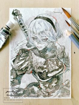 1girl 2b_(nier:automata) absurdres art_tools_in_frame black_dress black_hairband breasts cleavage cleavage_cutout closed_mouth clothing_cutout commentary dress eyelashes hairband highres limited_palette moony_(mogmogmelt) nier:automata nier_(series) photo_(medium) pink_lips short_hair signature small_breasts solo sword sword_on_back traditional_media watermark weapon weapon_on_back