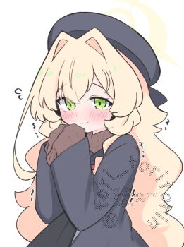 1girl beret black_skirt blonde_hair blue_archive blush brown_sweater closed_mouth cold commentary_request flying_sweatdrops green_eyes grey_hat grey_jacket grey_sailor_collar hair_between_eyes halo hat highres jacket kujou_karasuma long_hair long_sleeves looking_at_viewer open_clothes open_jacket pleated_skirt professor_niyaniya_(blue_archive) sailor_collar school_uniform serafuku simple_background skirt sleeves_past_fingers sleeves_past_wrists solo sweater trembling turtleneck turtleneck_sweater very_long_hair watermark white_background
